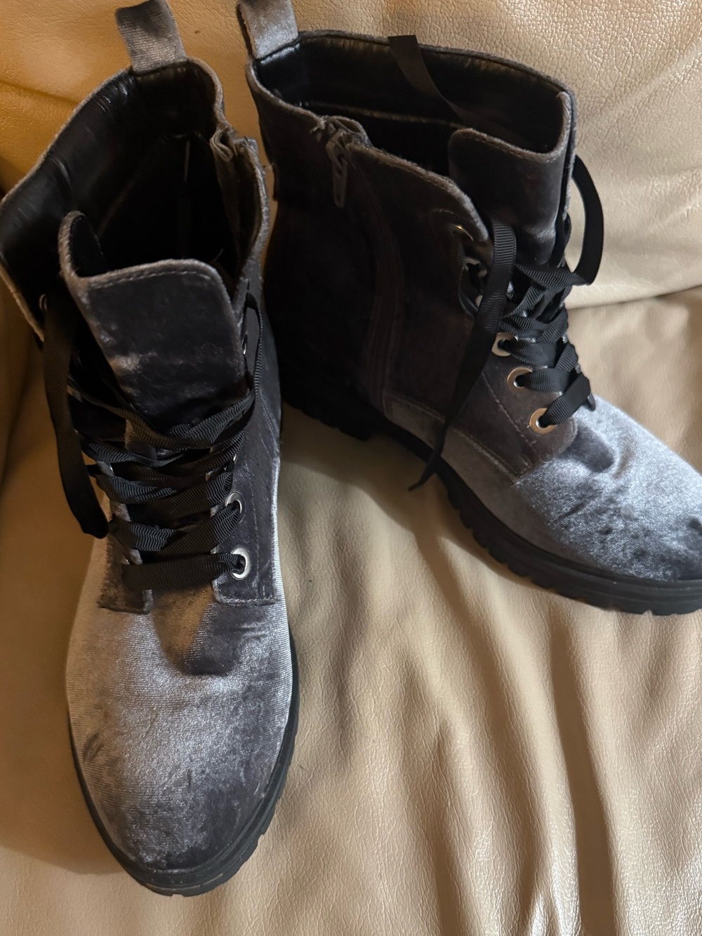 Woman’s Grey Velvet Lace-Up Combat Boots